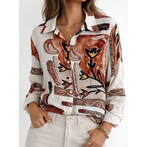 Vintage Galeries Lafayette Collections White Red Print Blouse Viscose Large